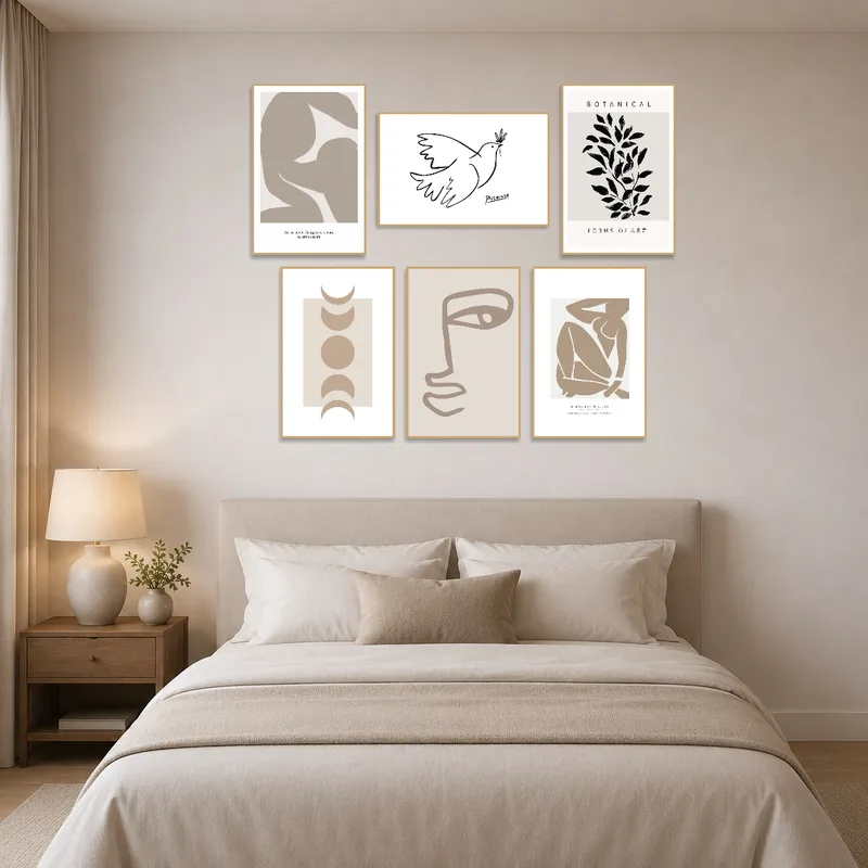 Botanical and abstract art enhancing a calming bedroom.