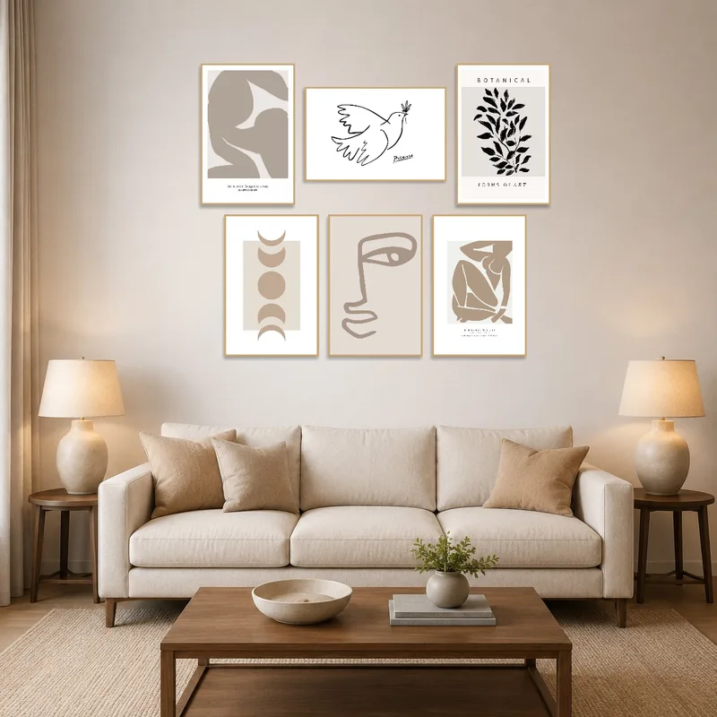 Abstract and botanical art above a beige sofa in a cozy living room.