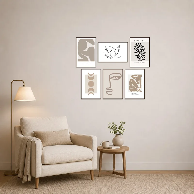 Abstract botanical art near a cozy chair in a reading corner.
