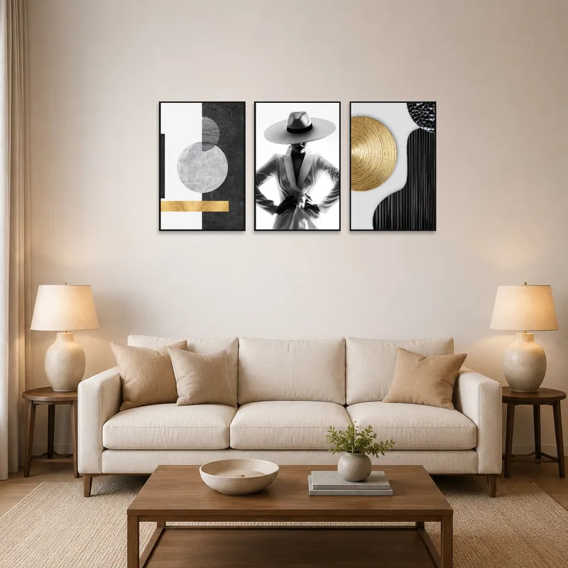 Abstract black and white triptych art on a living room wall above a modern sofa set.