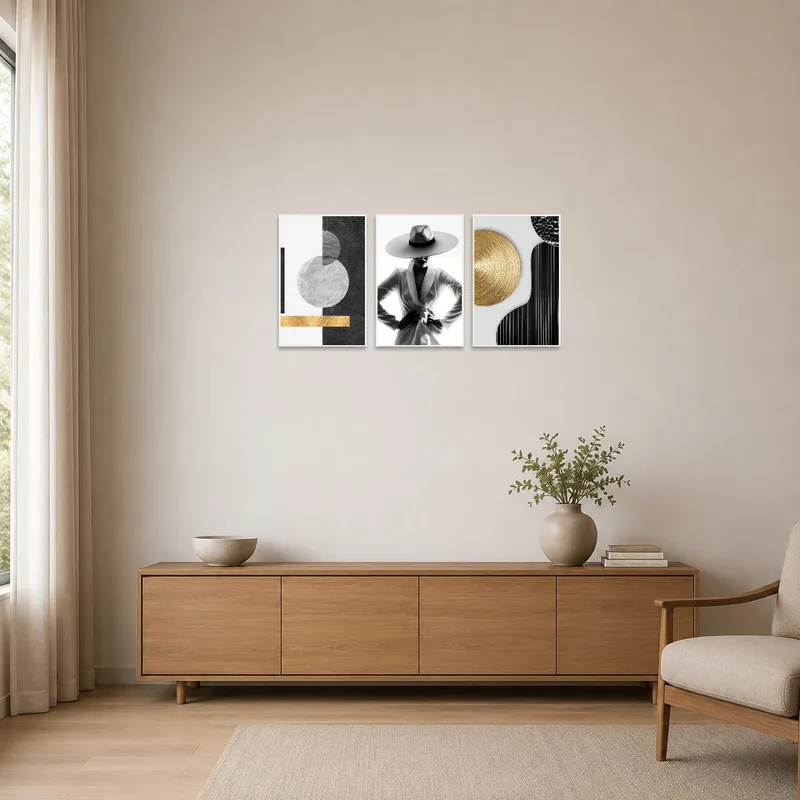 Fashion black and white triptych art accentuating a minimalist space with clean lines.