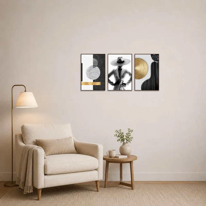Stylish black and white abstract triptych artwork adding sophistication to a cozy reading corner.