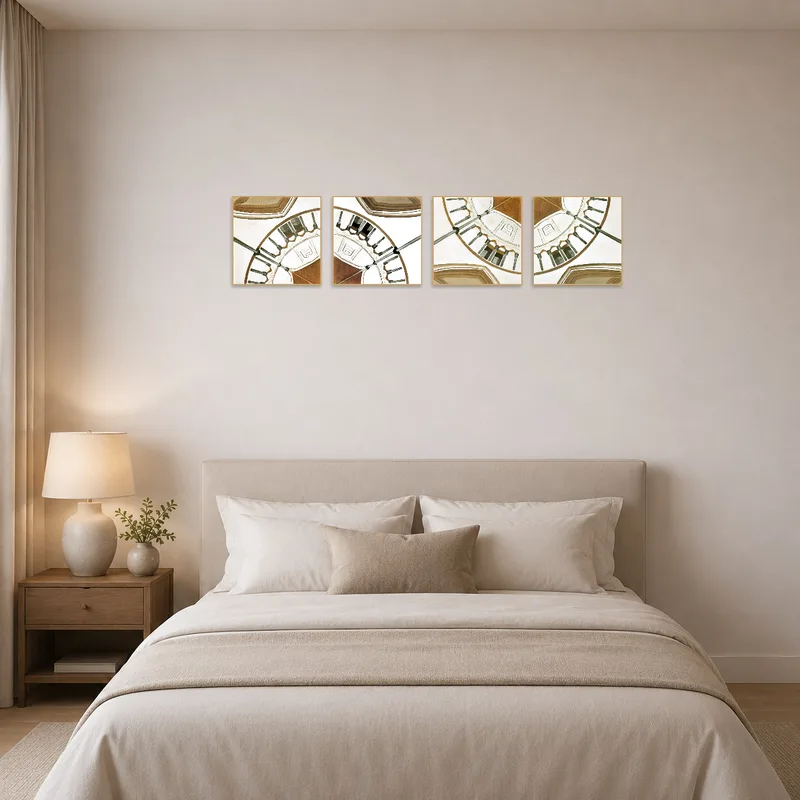 Bedroom wall highlighted by abstract architectural art circles.