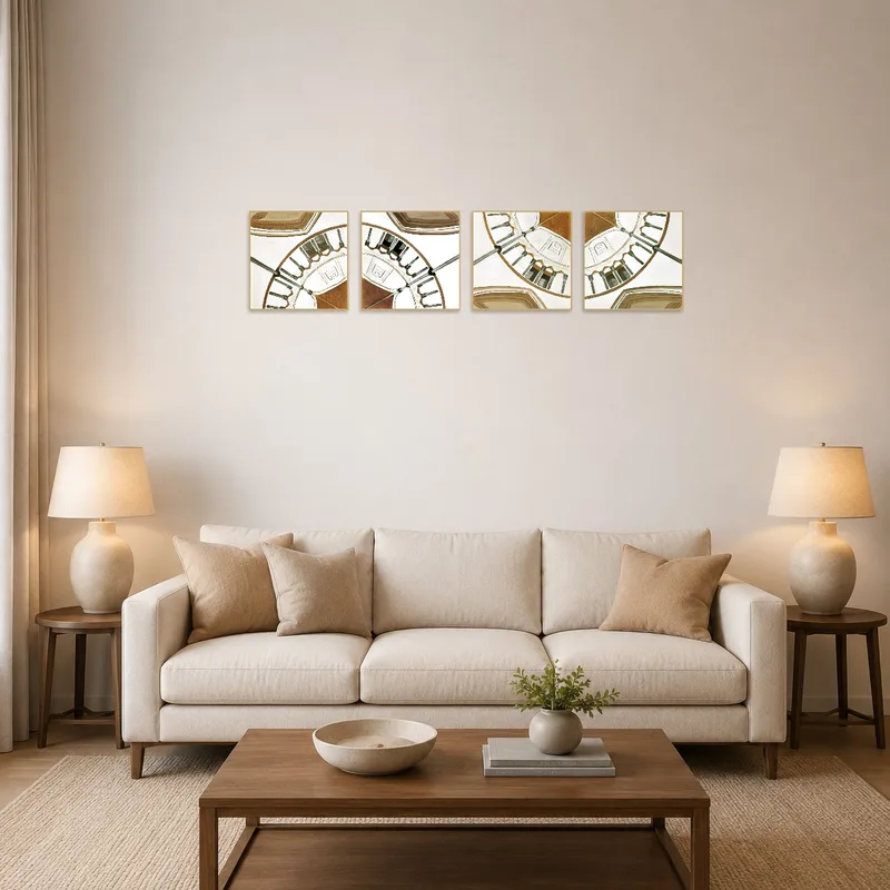 Abstract circles artwork adorns a modern living room wall.