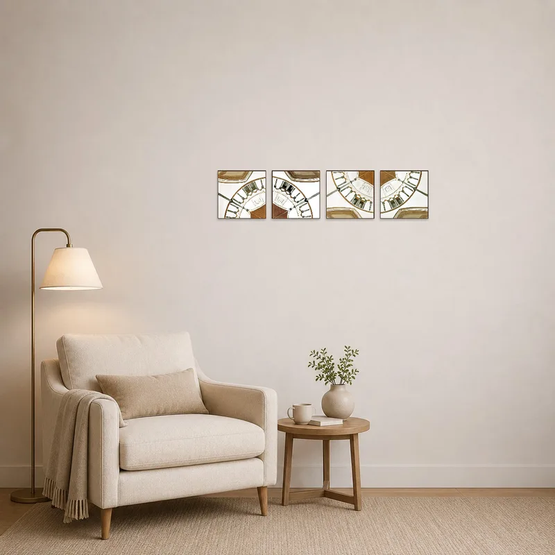 Abstract circle art set adds flair to a cozy reading corner.