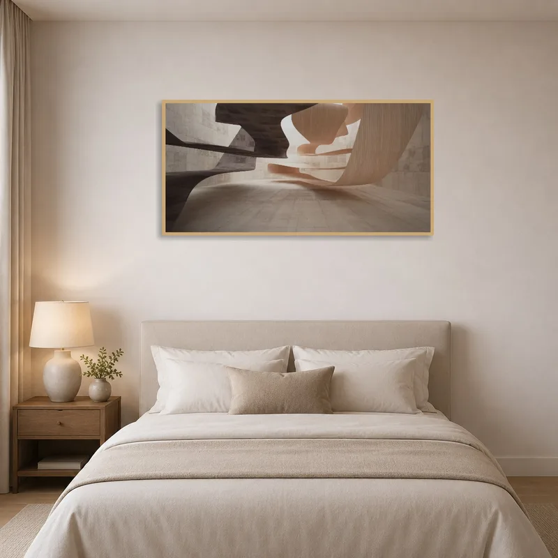Soothing abstract piece with architectural flow complementing a serene bedroom.