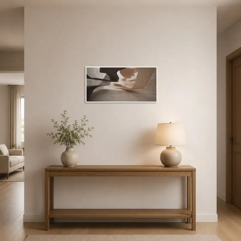 Abstract artwork gracing an entrance hall with earthy architectural motifs.