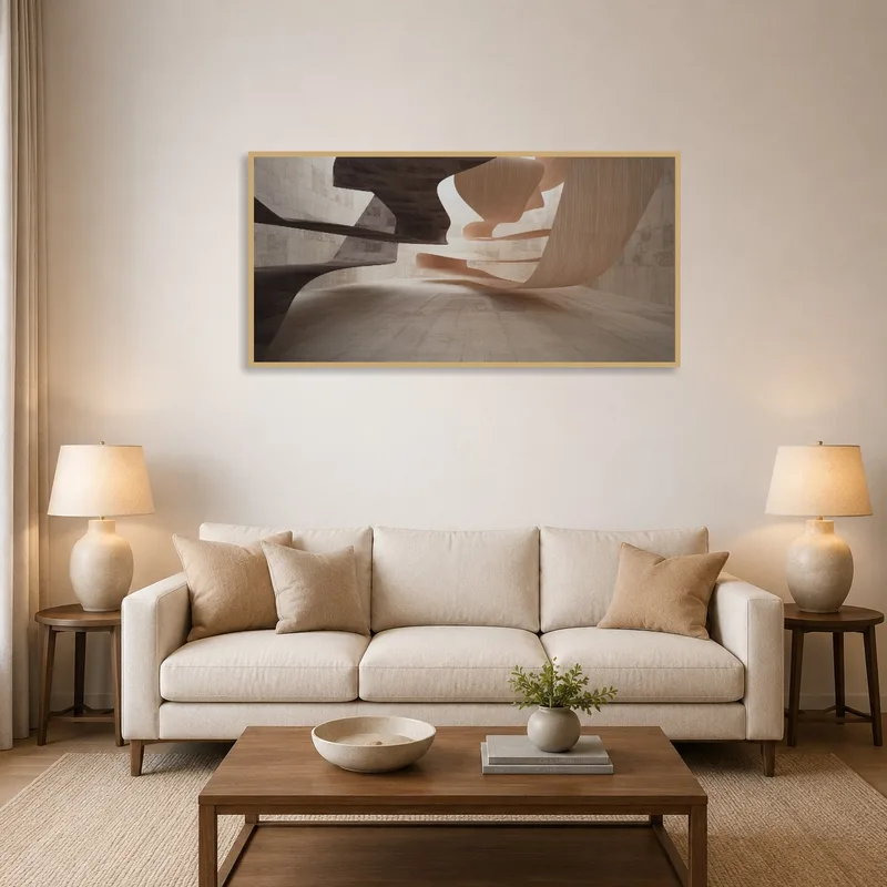 Abstract art with earthy tones enhancing a living room with cozy seating.