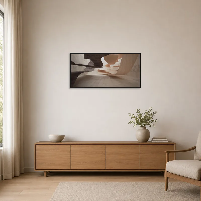 Minimalist room showcasing art depicting architectural flow in muted browns.