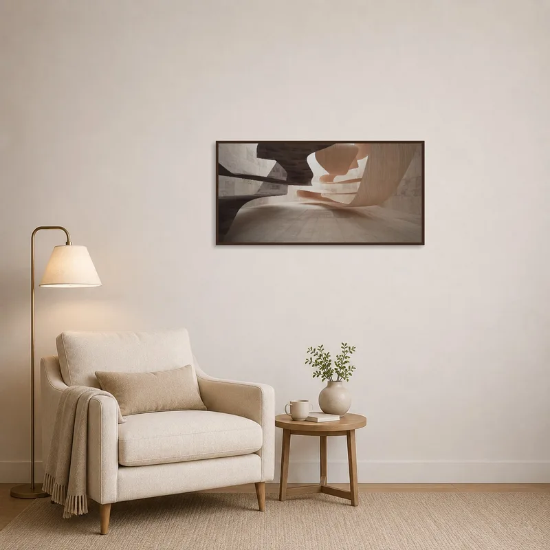 Earthy-toned architectural abstract boosting a cozy reading corner ambiance.