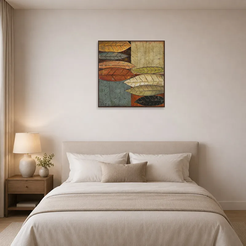 Bedroom wall art of abstract autumn leaves, creating a serene ambiance.