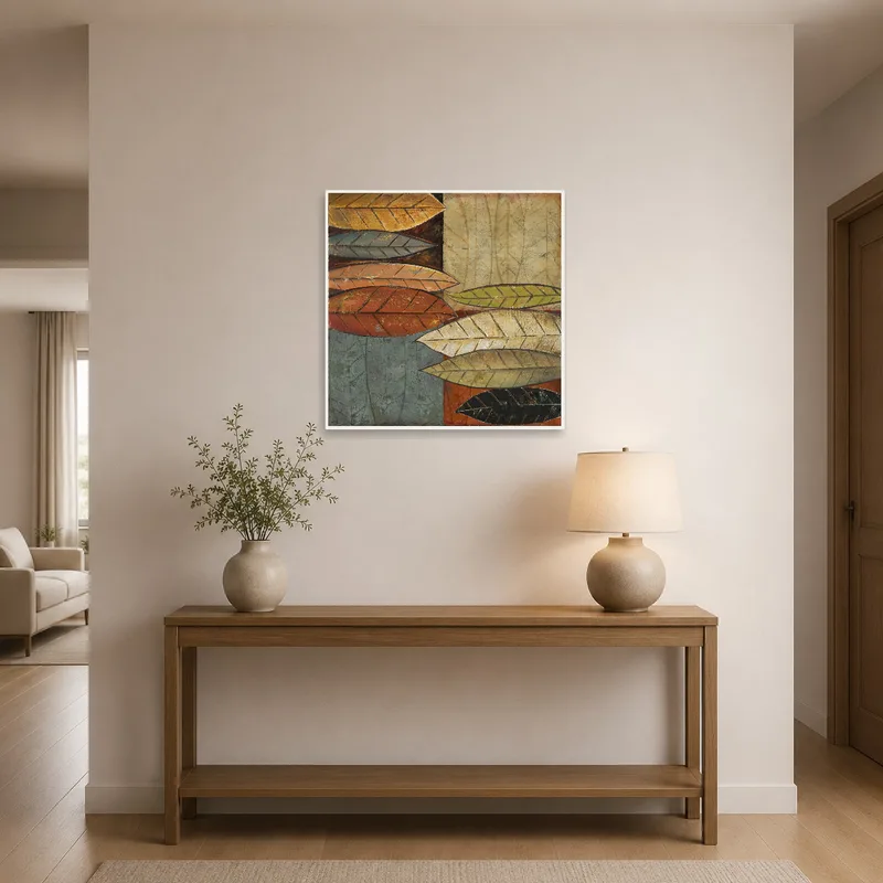Vibrant autumn leaves artwork greets guests in the entrance hall.