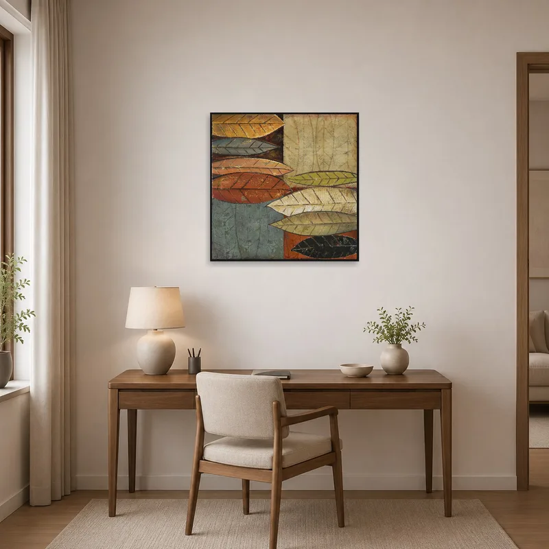 Home office features bold textured art of autumn leaves, inspiring creativity.