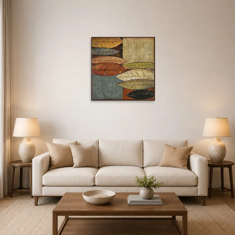 Abstract art of autumn leaves on living room wall, adding warmth and texture.