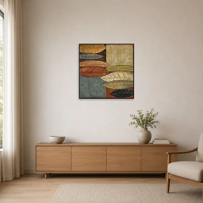 Minimalist room with textured autumn leaf art, providing a pop of color.