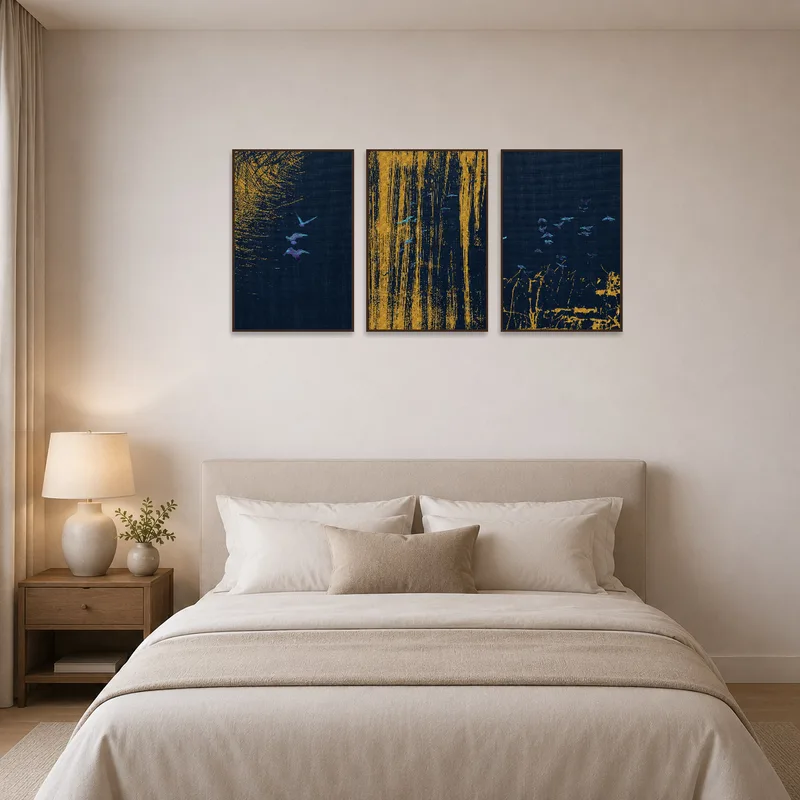 Bedroom wall comes alive with the graceful gold and blue avian flight triptych.