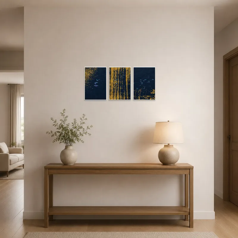 Entrance hall features an eye-catching gold and blue bird triptych, greeting visitors.
