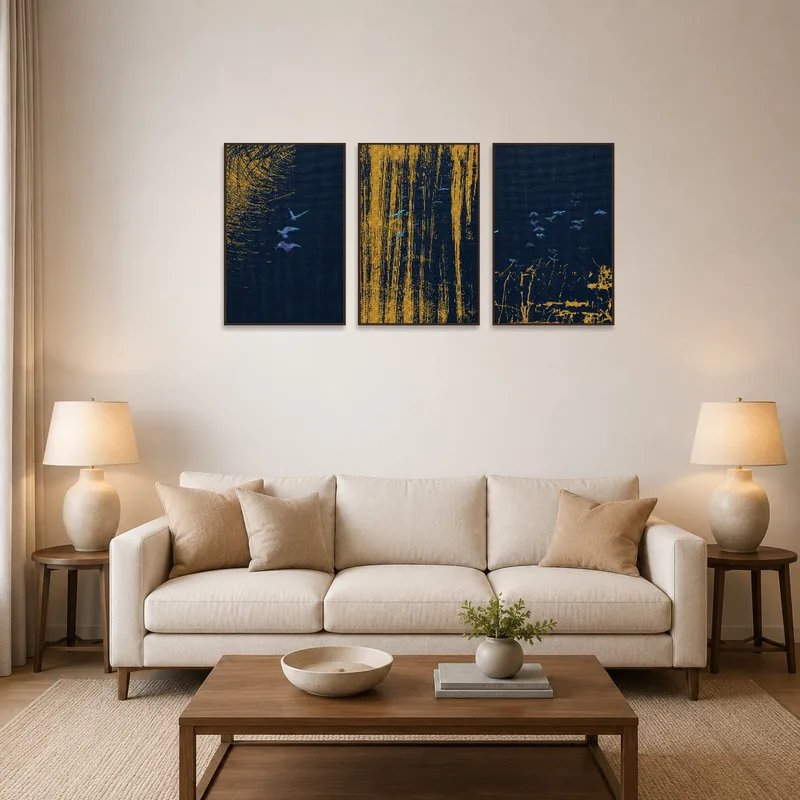 Gold and blue avian triptych adorns a living room wall, adding elegance and movement.