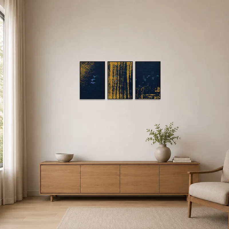 Minimalist room enhanced by gold and blue abstract bird triptych with clean lines.