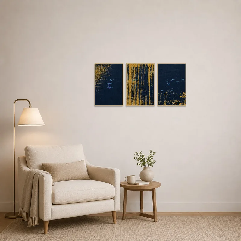 Gold and blue abstract avian triptych brings dynamic flair to a cozy reading corner.
