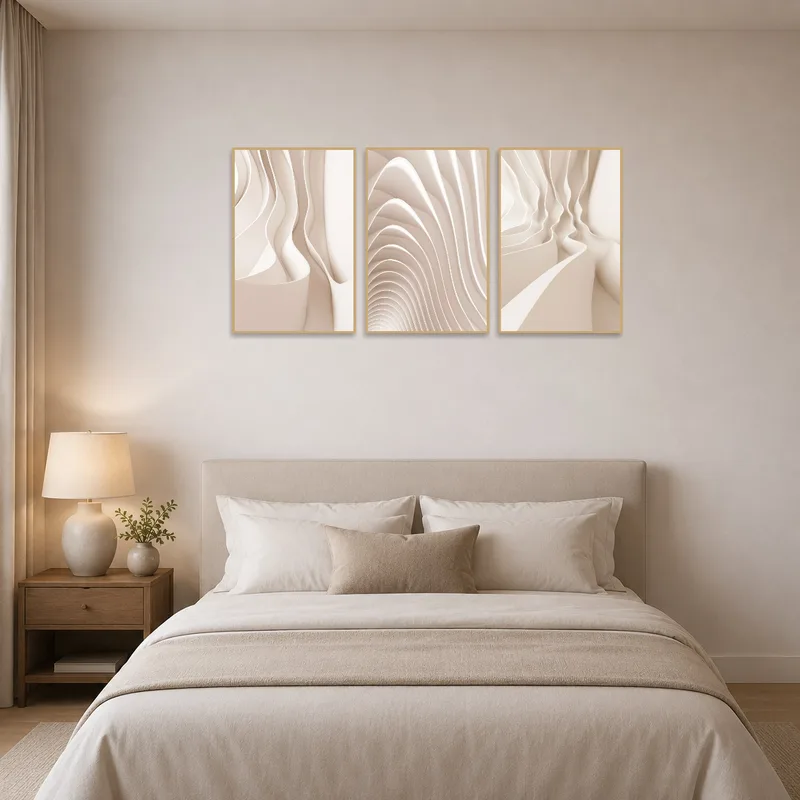 Serene abstract beige waves set the tone in a peaceful bedroom.