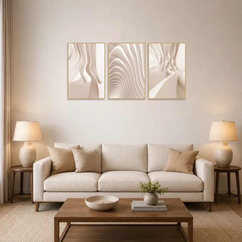 Abstract beige wave art set displayed above a modern sofa in a cozy living room.