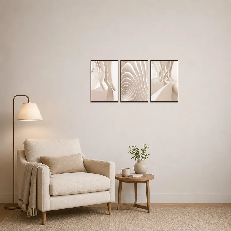 Beige wave forms triptych adds a touch of calm to a reading corner.