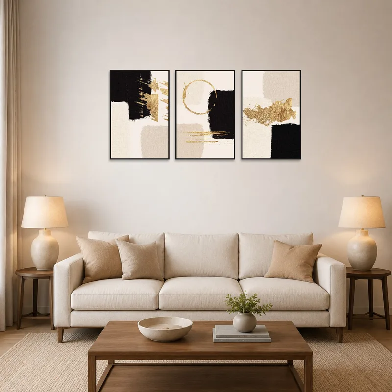 Abstract black and gold artwork displayed above a modern sofa in the living room.