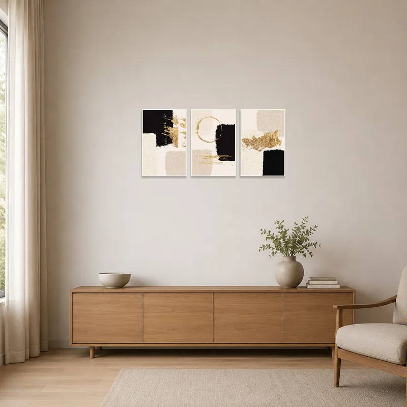Black and gold abstract piece against white walls in a minimalist setting.