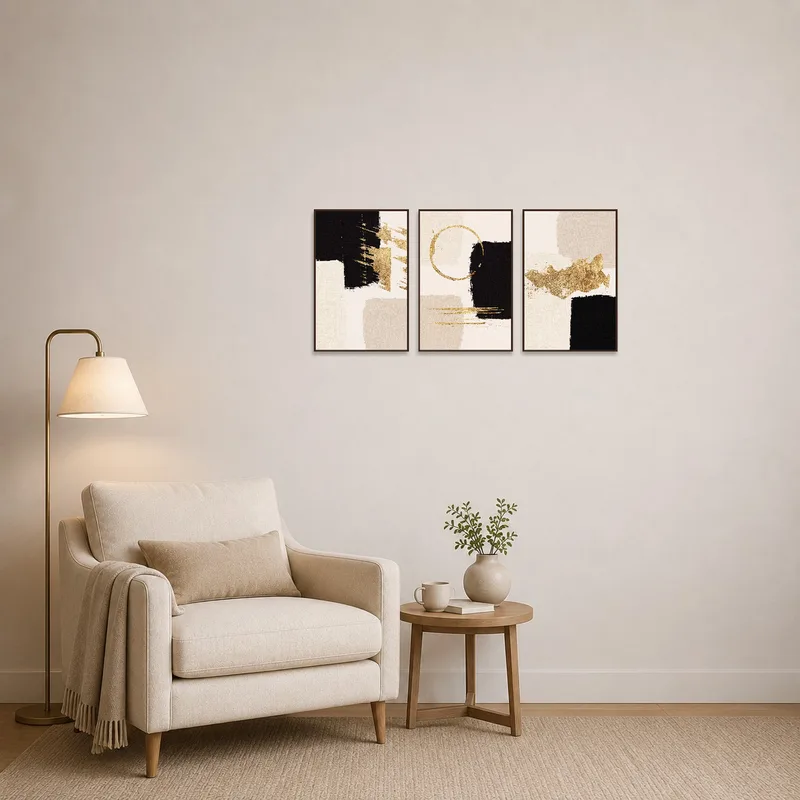 Cozy reading corner accentuated by abstract black and gold art.