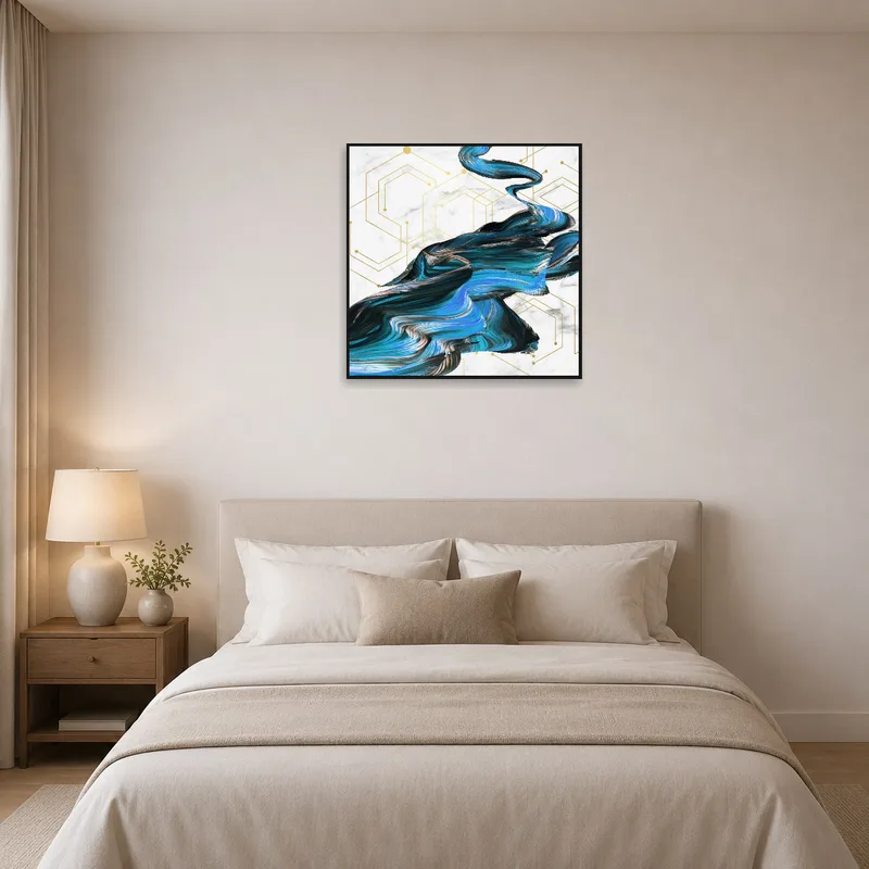 Bedroom wall displaying abstract swirl art in blue and gold, creating a serene atmosphere.
