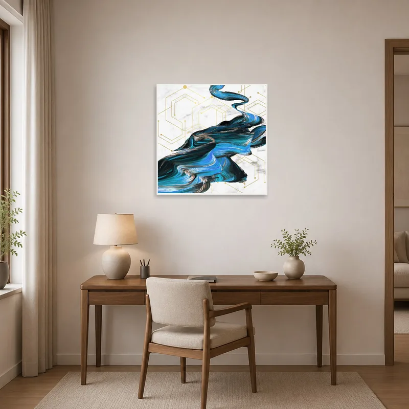 Home office enhanced with blue and gold geometric swirl artwork on the wall.
