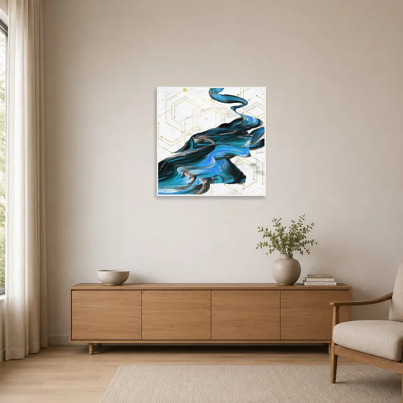 Minimalist room featuring abstract geometric swirl art in blue and gold tones.