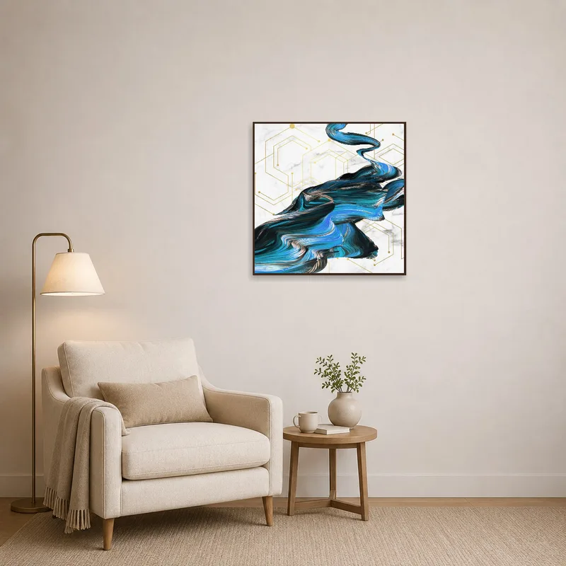 Reading corner accented by blue and gold geometric swirl art, enhancing the cozy space.