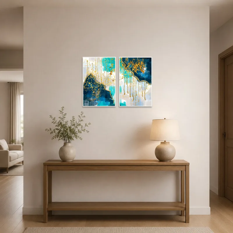 Set of blue and gold splatter panels welcoming guests in an entrance hall.