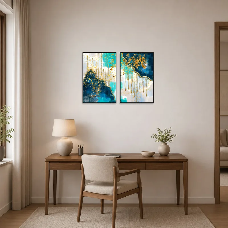 Blue and gold abstract splatter vertical set brightening a home office space.