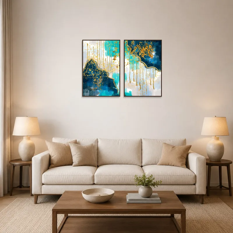 Blue and gold splatter artwork set on a living room wall near a modern sofa.