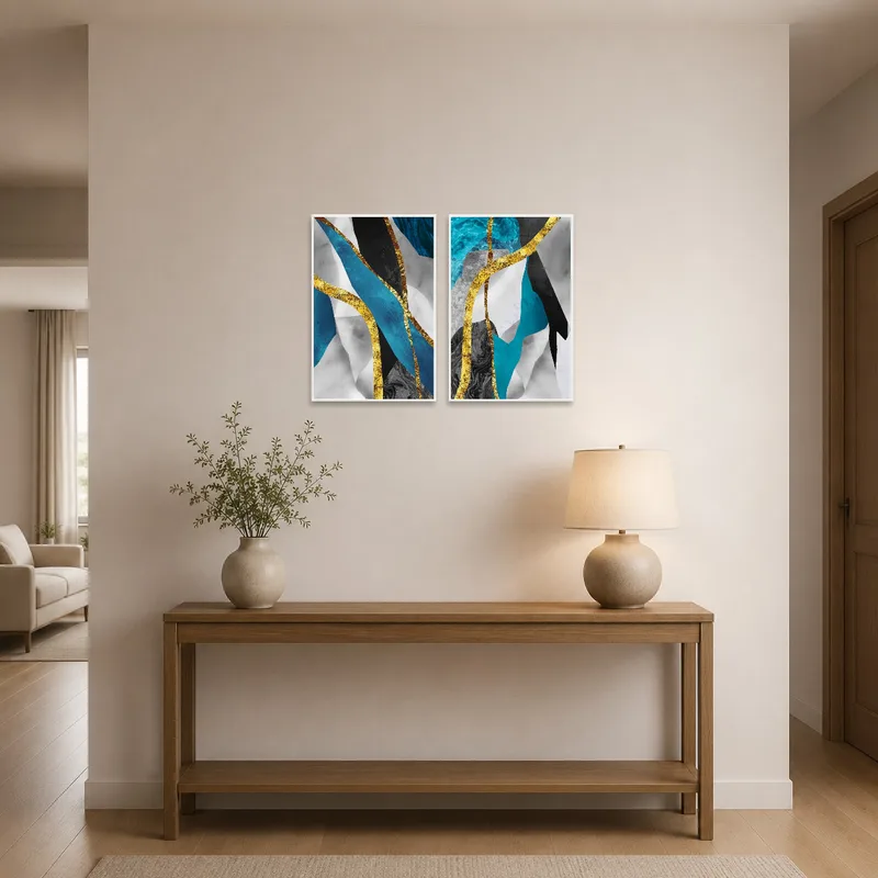 Entrance hall featuring an abstract wall art set with blue and gold textures.