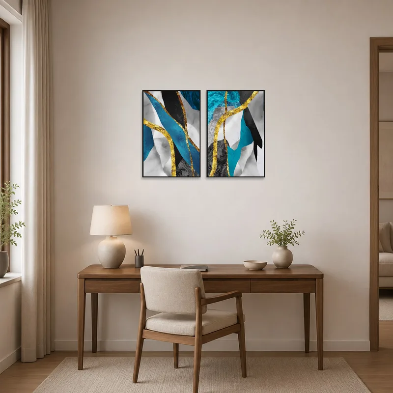 Home office with an abstract blue and gold textured art set on the wall.