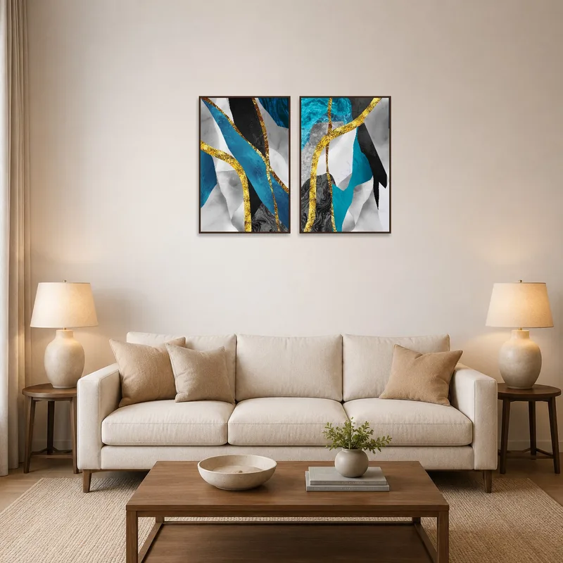 Abstract blue and gold art set displayed above a sofa in a modern living room.