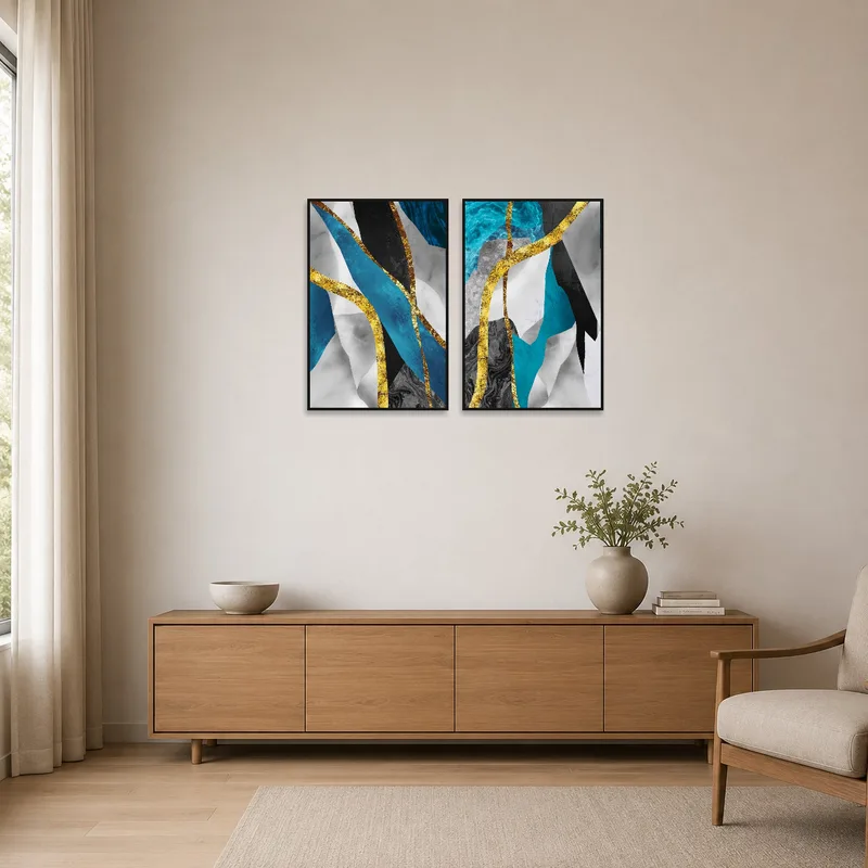 Minimalist room with abstract blue and gold art set on a clean white wall.