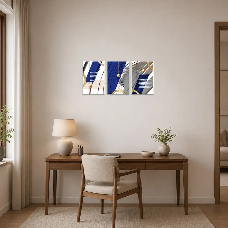 Abstract triptych injects color into a stylish home office.