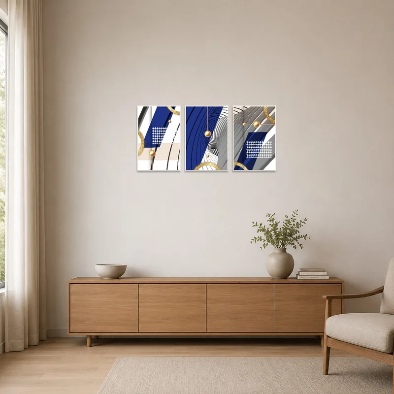 Blue and gold triptych adds contrast to a minimalist, white-walled space.