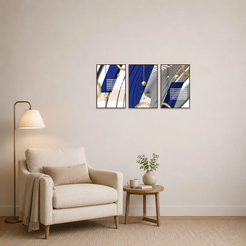 Blue and gold triptych enhances the serene ambiance of a reading corner.