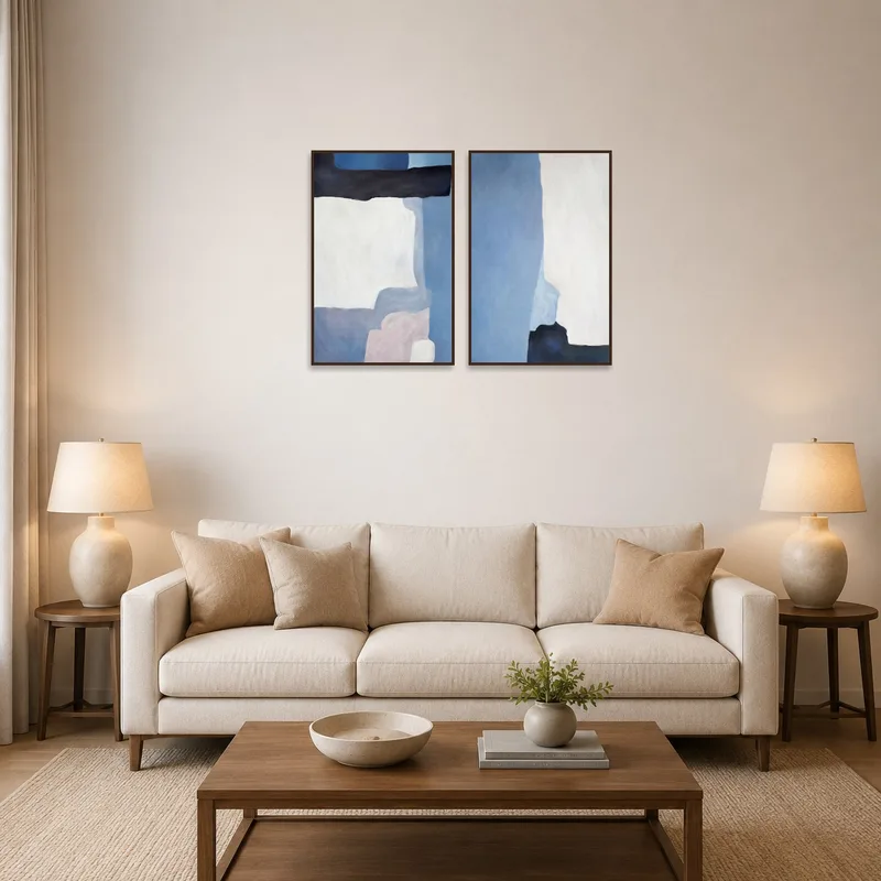 Abstract blue and white art set on a living room wall above a modern couch.