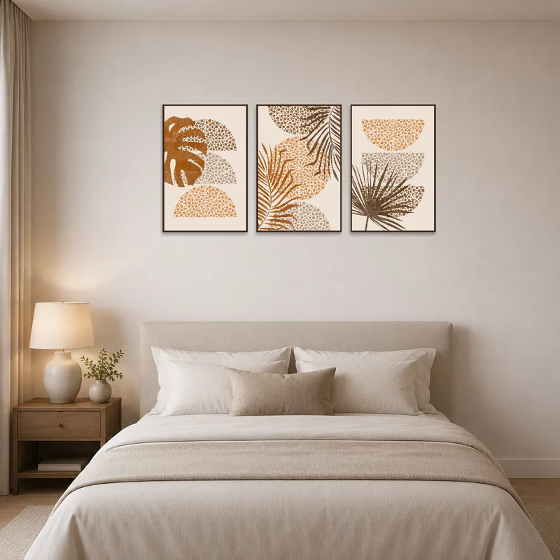 Bedroom wall displays abstract botanical dot triptych art set.