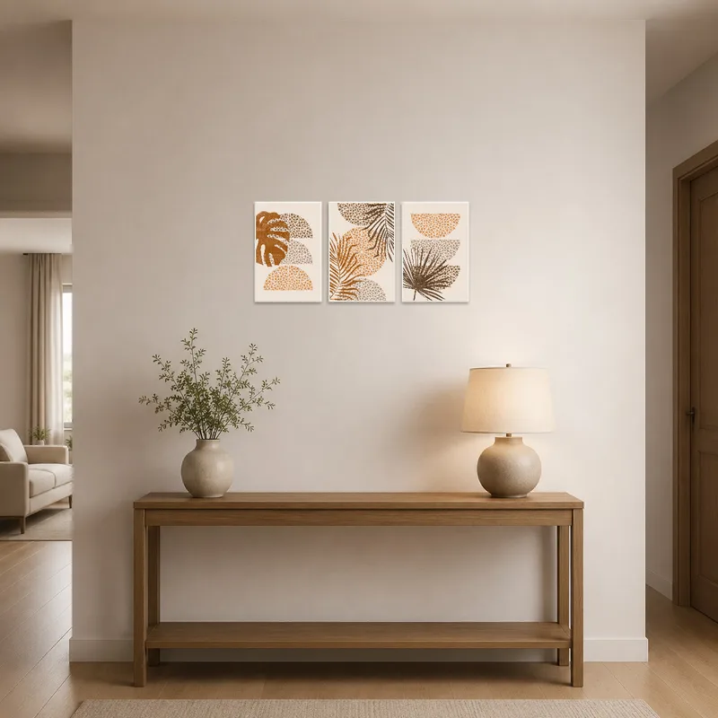 Entrance hall features abstract botanical dot artwork trio.