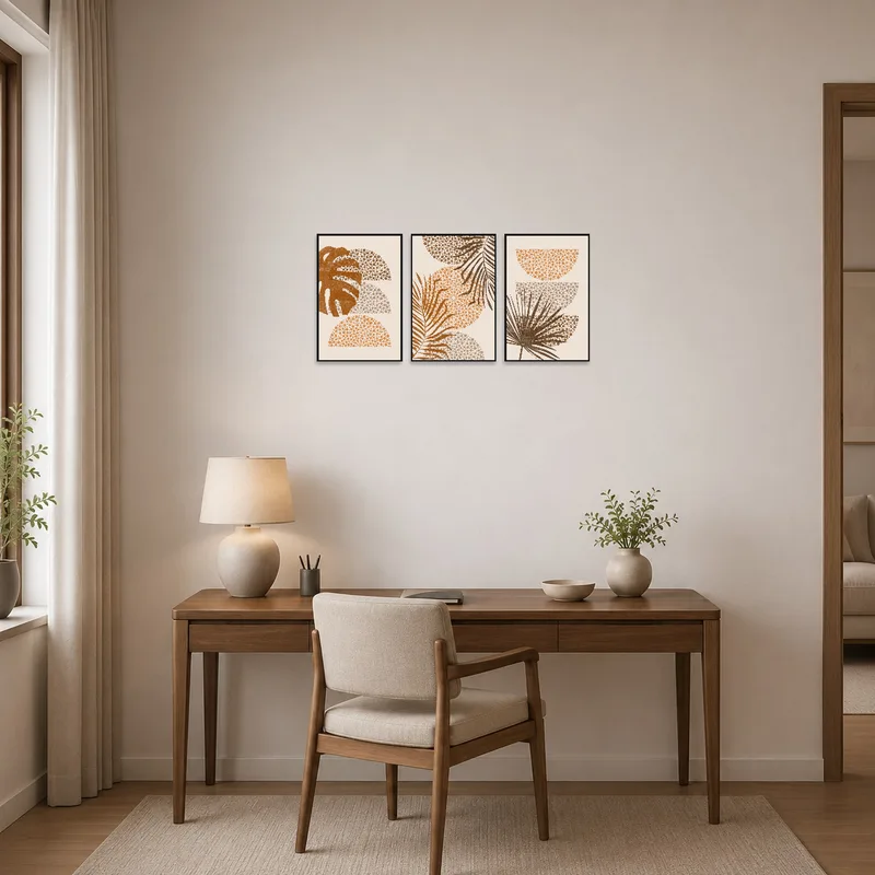 Home office brightened by three-panel abstract botanical dot art.