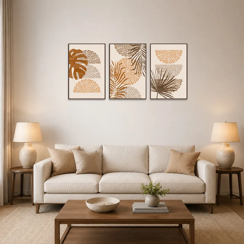 Triptych with abstract botanical dots adorns a stylish living room wall.