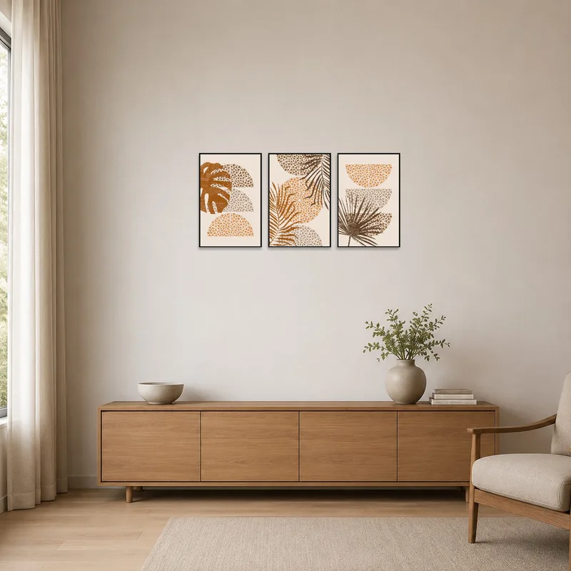 Simple minimalist room with dot-patterned botanical art on the wall.